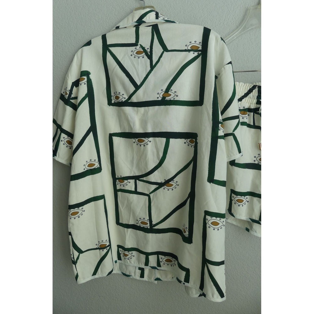 Commense Women Green Geometric Eye Print Linen Blend Shirt and Shorts Set M - Picture 2 of 9